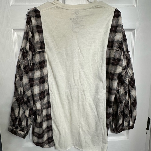 Yellowstone Graphic Plaid Sleeve Top Upcycled - Picture 3 of 4